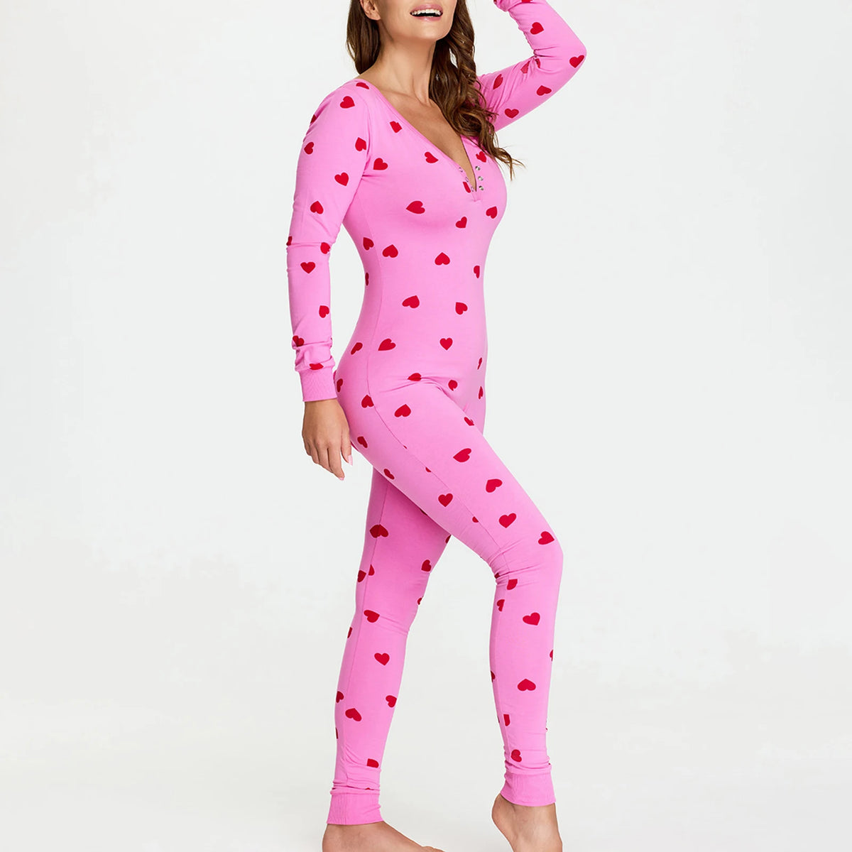 Women Bodycon Jumpsuits Heart Print V-Neck Long Sleeve Rompers Fall Winter Casual Playsuits Valentine's Day Clothes