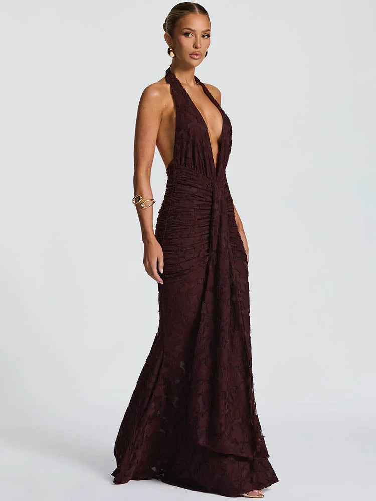 Halter Deep V Neck Sexy Maxi Dress Women Gown Fashion Sleeveless Backless Draped Ruched Club Party Long Dress Female