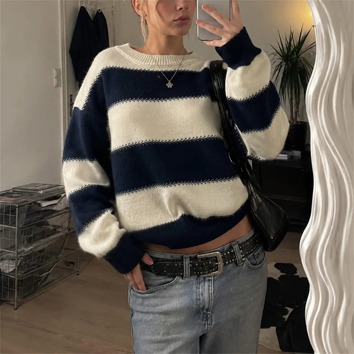 Y2K American Street Women Striped Crew Neck Knit Pullover Loose Long Sleeve Sweater Retro Preppy Fall Winter Jumper