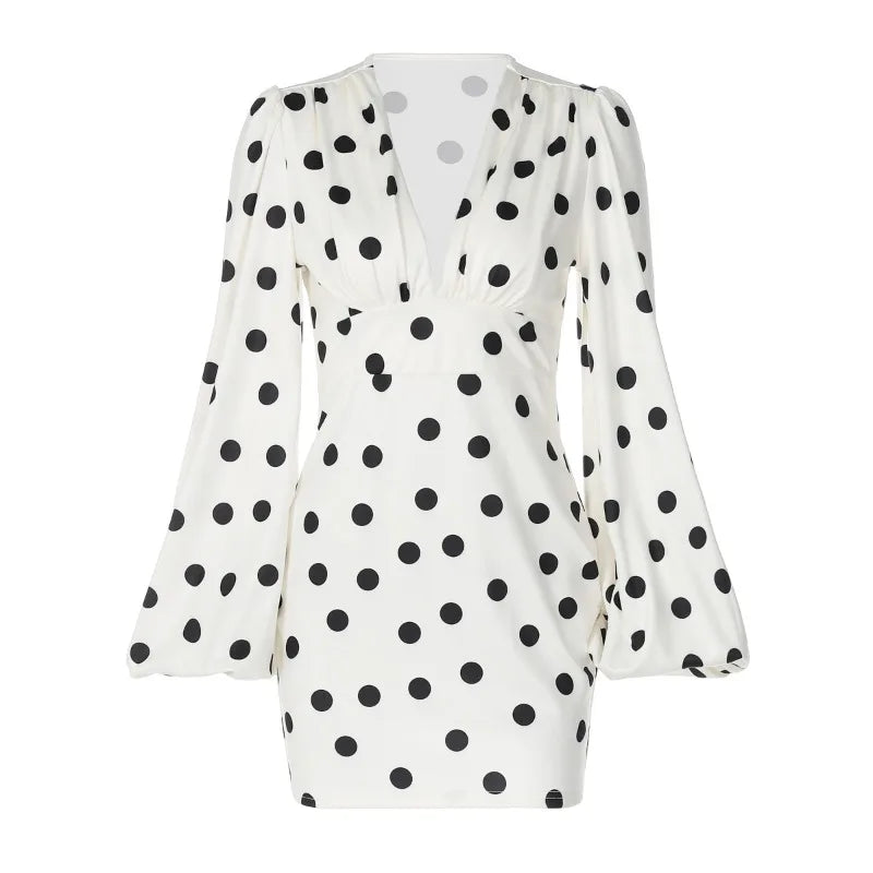 Classic Polka Dot Print White Dress Woman Clothing Sexy Deep V Neck Flare Sleeve Short Dresses Fall