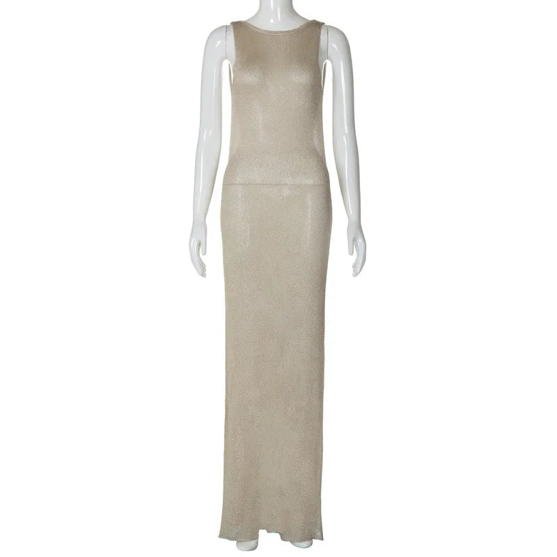 See Through Backless Sexy Maxi Dress For Women Summer New Sheer Sleeveless Back Split Sexy Long Dress Beachwear