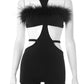 Sexy Furry Patchwork Playsuits Women Halter Backless Hollow O-Neck Stree Midnight Party Club Stretch Skinny Rompers