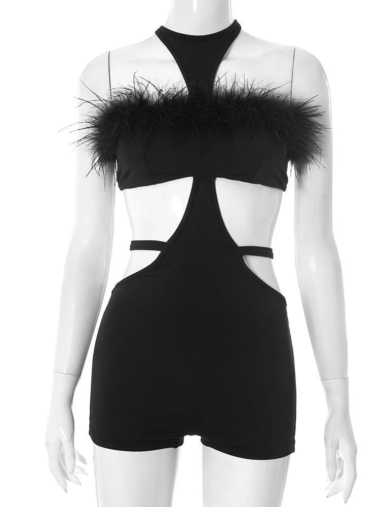 Sexy Furry Patchwork Playsuits Women Halter Backless Hollow O-Neck Stree Midnight Party Club Stretch Skinny Rompers