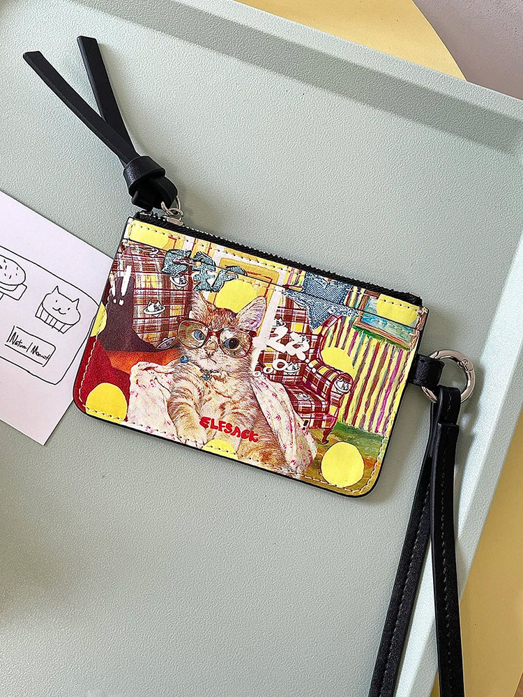 Cute Cat Print Card Holder, Mini Zipper Coin Purse with Lanyard, Casual Small Wallet for Women