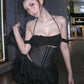 sexy 2-piece set women patchwork folds single-breasted halter hollow off-shoulder tops+lace-up puffy hem skirt suit