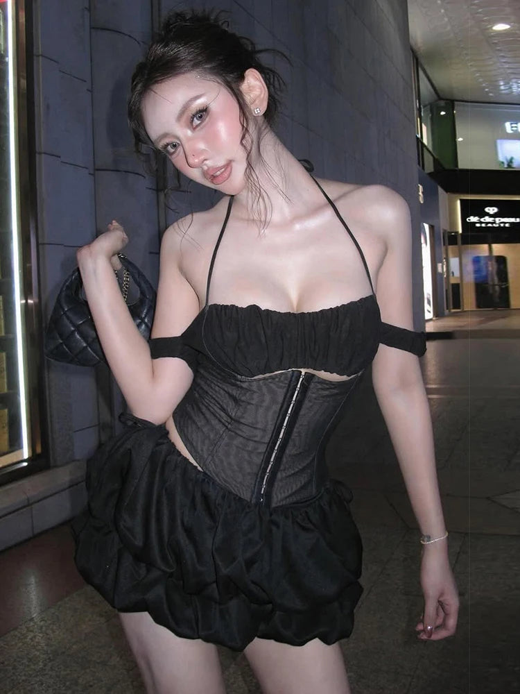 sexy 2-piece set women patchwork folds single-breasted halter hollow off-shoulder tops+lace-up puffy hem skirt suit