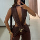 Metal Trim Jumpsuit Women Ruched Sexy Waistless Cross Hollow Bandage Coquette Midnight Workout Hipster Stretch Overalls