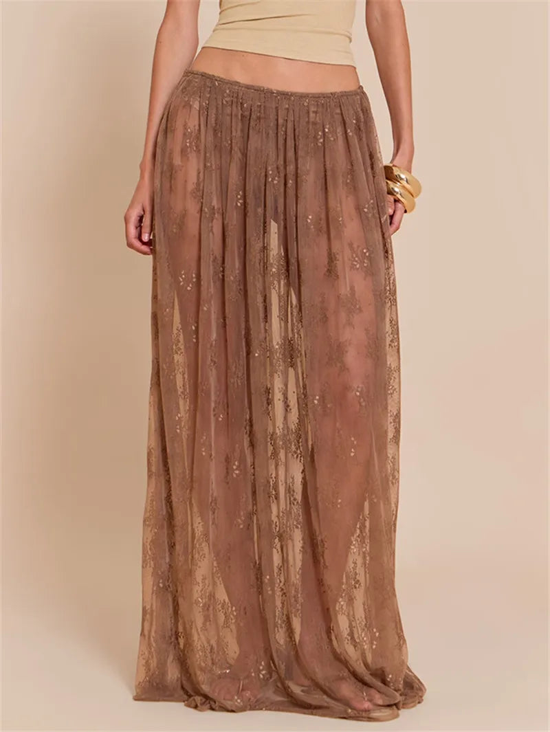 Summer Beachy Sheer Floral Lace Maxi Skirt Elastic Waist See-Through Mesh Long Skirt for Casual Vacation Wear