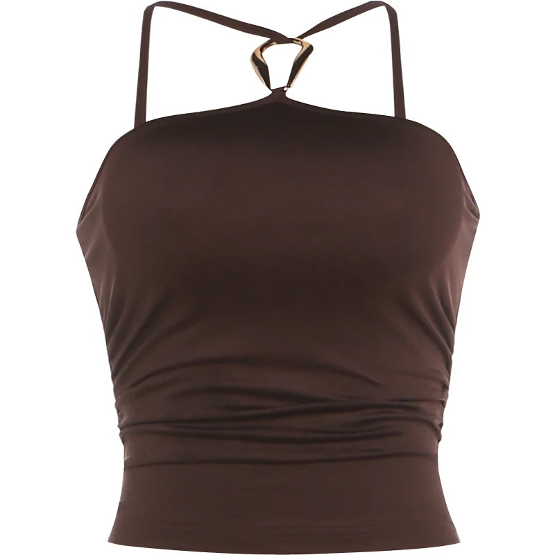 Metal Buckle Decoration Tank Tops Woman Summer Trend Off Shoulder Backless Shape Waist Look Slimmer Camisole Tops
