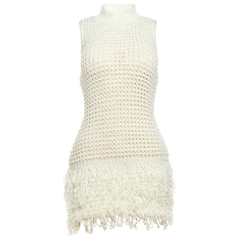 Crochet Dress Women Sexy Chic Y2K Summer Trend Tassel Hem Sleeveless Stretch Fashion Beach Vacation Clubwear Bodycon