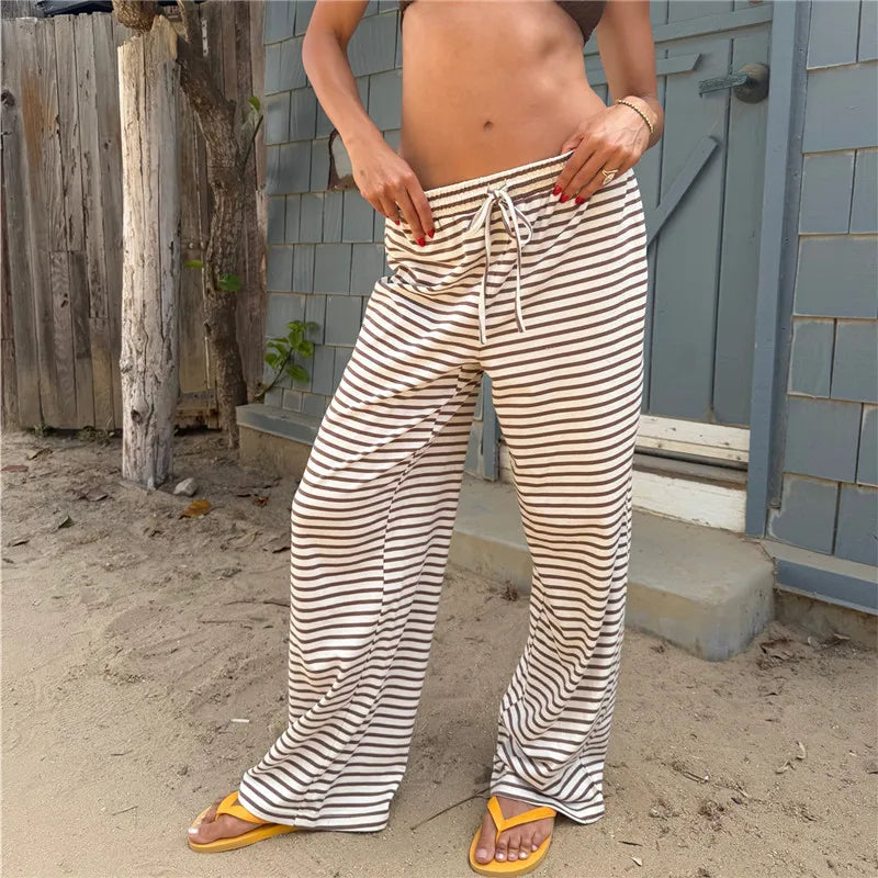 Women Ruffle Drawstring Elastic Waist Striped Wide Leg Pants Soft Loose Lightweight Beach Casual Daily Wear Trousers