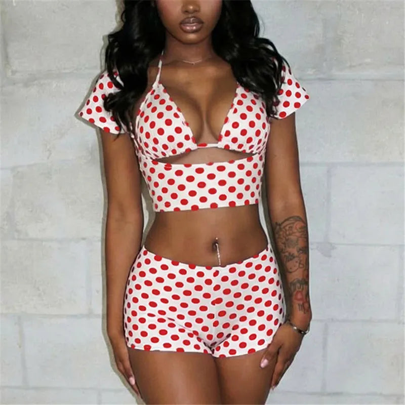 Women Polka Dot 3Piece Outfit Halter Bikini Crop Top Short Sleeve Cover Up+Shorts Sexy Club Party Night Out Matching Set