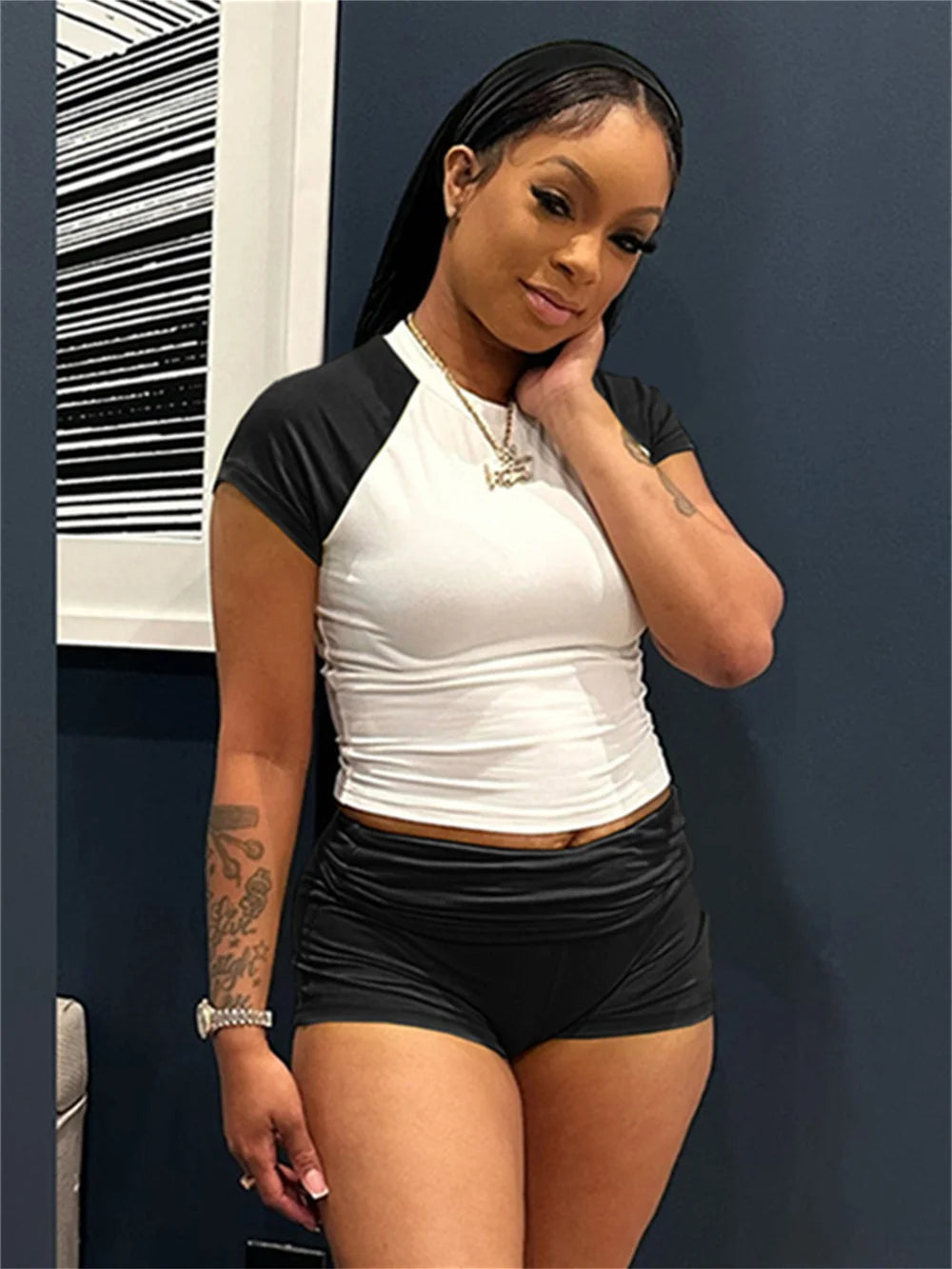 Sporty Patchwork 3 Piece Set Women Casual Summer Headband+Crop Top+High Waist Bike Shorts Street Matching Tracksuit