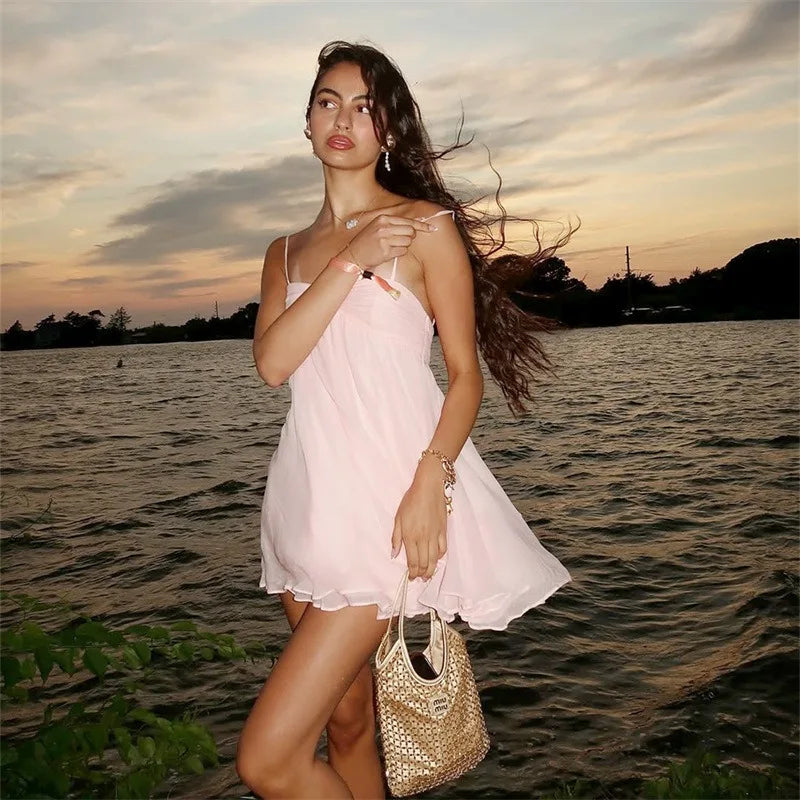 Chiffon Pink Princess Dress Woman Clothes Sexy Spaghetti Strap Backless Mini Dresses