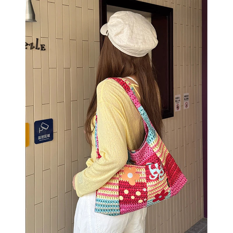 Colorful Crochet Tote Bag, Bohemian Floral Print Knit Shoulder Bag, Casual Summer Beach Bag for Women