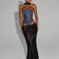 Sequins Sexy Dress Set Women Sparkle Scarf Collar Crop Tops And Maxi Skirt Elegant Club Party Satin Skirt Matching Set