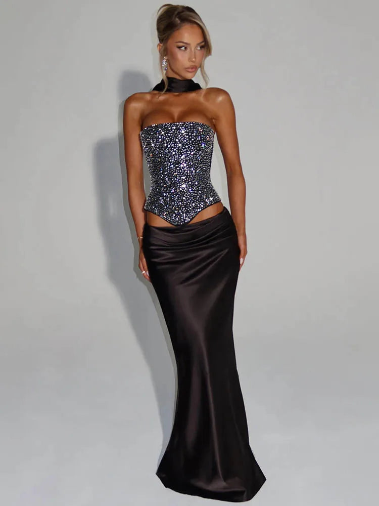 Sequins Sexy Dress Set Women Sparkle Scarf Collar Crop Tops And Maxi Skirt Elegant Club Party Satin Skirt Matching Set