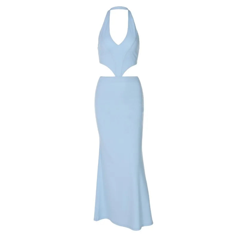 Sexy Cut Out Deep V Backless Fishtail Maxi Dress Summer Blue Party Dresses Women Elegante Evening Gown