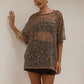 Women's Summer Sequined T-Shirt Casual Loose Fit Stylish Solid Color See Through Crew Neck Elbow Sleeve Tops Cover Ups