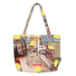 Women's Vintage Patchwork Canvas Tote Bag, Lace Bow Heart & Cat Print Large Capacity Shoulder Handbag