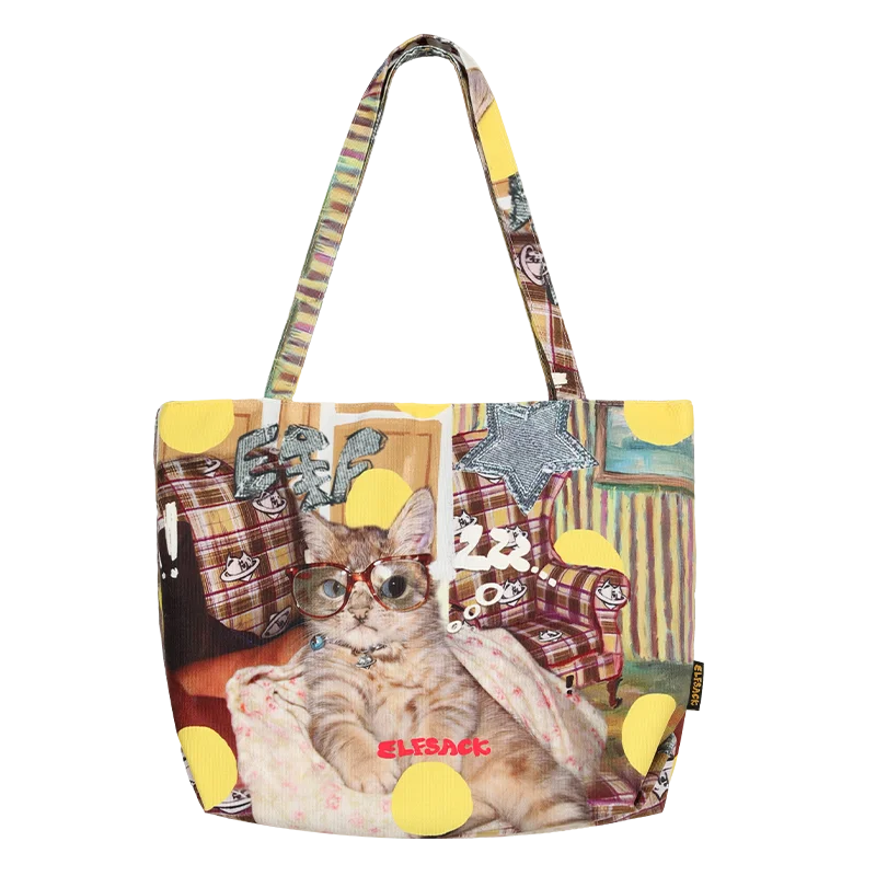 Women's Vintage Patchwork Canvas Tote Bag, Lace Bow Heart & Cat Print Large Capacity Shoulder Handbag