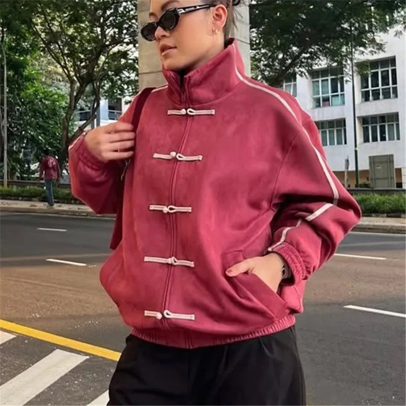 Ladies Stand Collar Zip Up Outerwear Chinese Frog Buttons Side Striped Oversized Loose Suede Jacket Vintage Streetwear