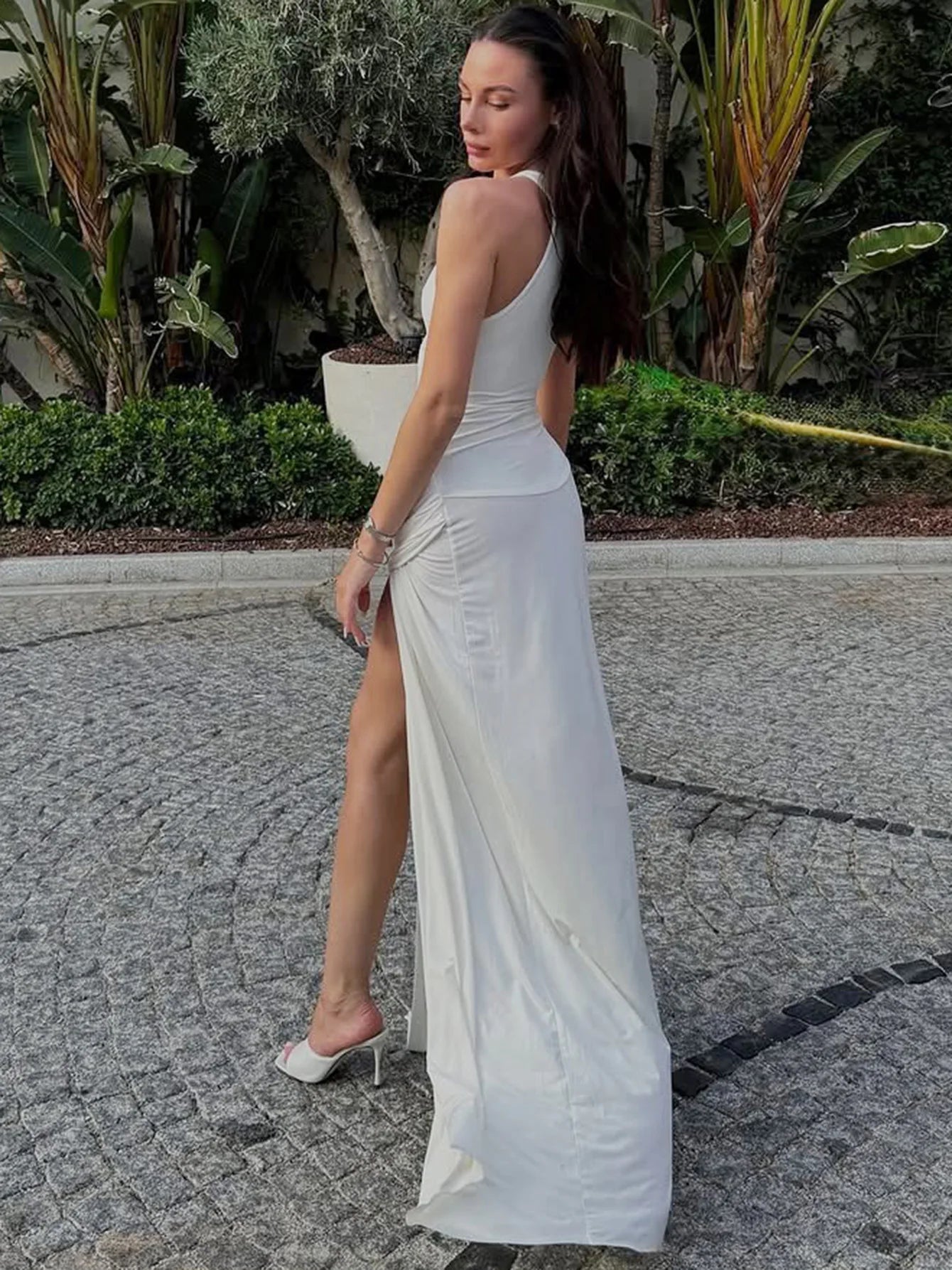 Sleeveless High Split Pleated Long Dresses Sexy White Holiday Dresses for Woman