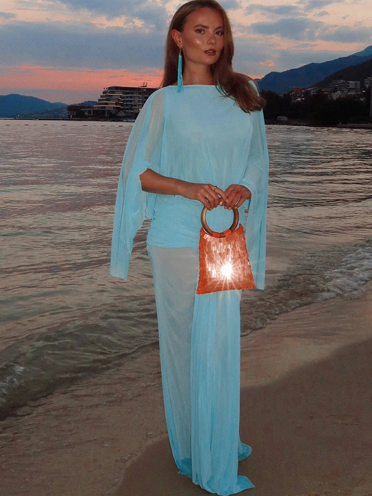 Ruched Elegant Long Dress Woman Autumn Trend Sexy See Through o-Neck Backless Batwing Sleeve Beach Style Vestidos