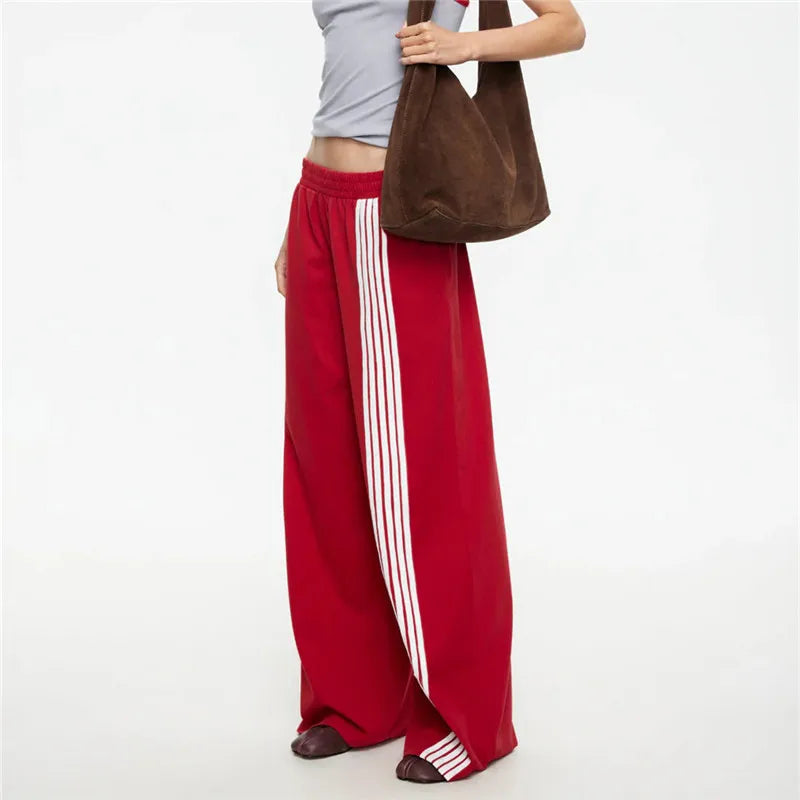 Y2K Women Side Striped Wide Leg Sweatpants Elastic Waist Loose Floor‑Length Sport Trousers Streetwear Casual Pants