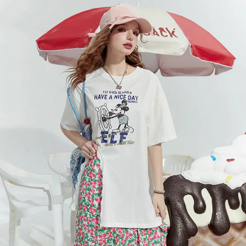 Lavender Oversized Print Ruffle Slit T-Shirt for Women