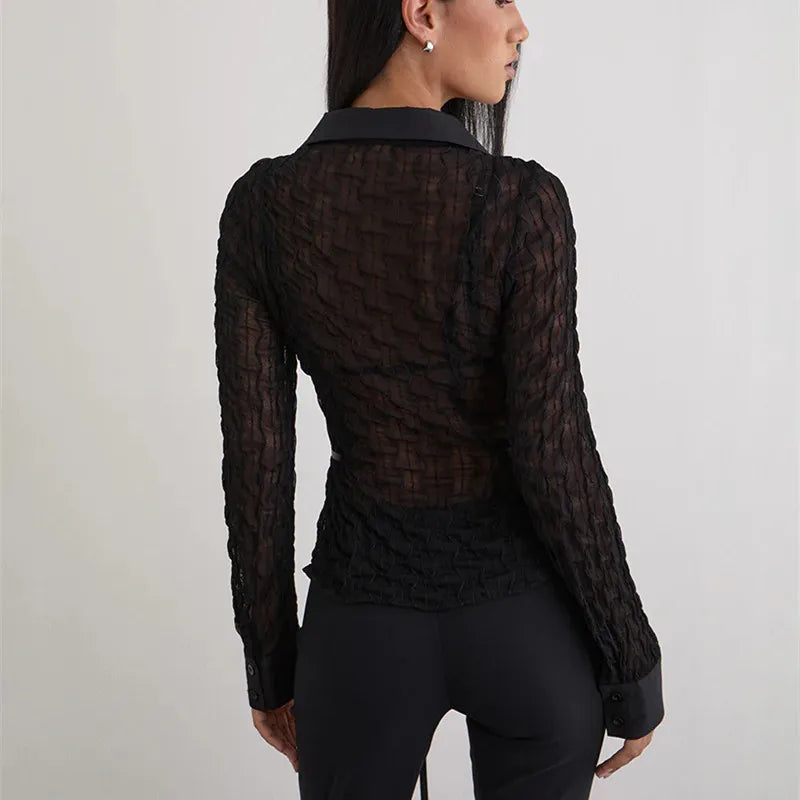 Women Y2K Shirt Long Sleeve Shirts Blouse Button-down Stripes Fall Spring Sheer See Through Tops Vintage Streetwear