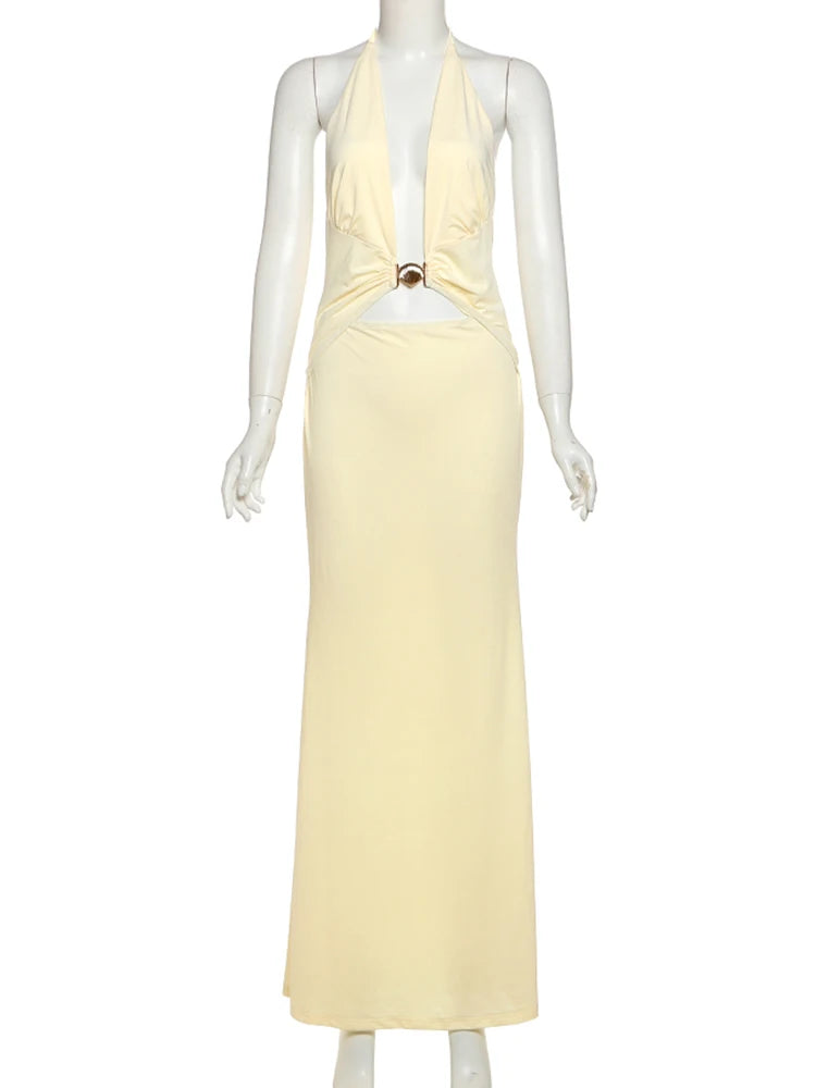 Seashells Decorative Dress Women Halter Deep V-Neck Backless Sleeveless Vacation Fashion Beach Party Long Bodycon