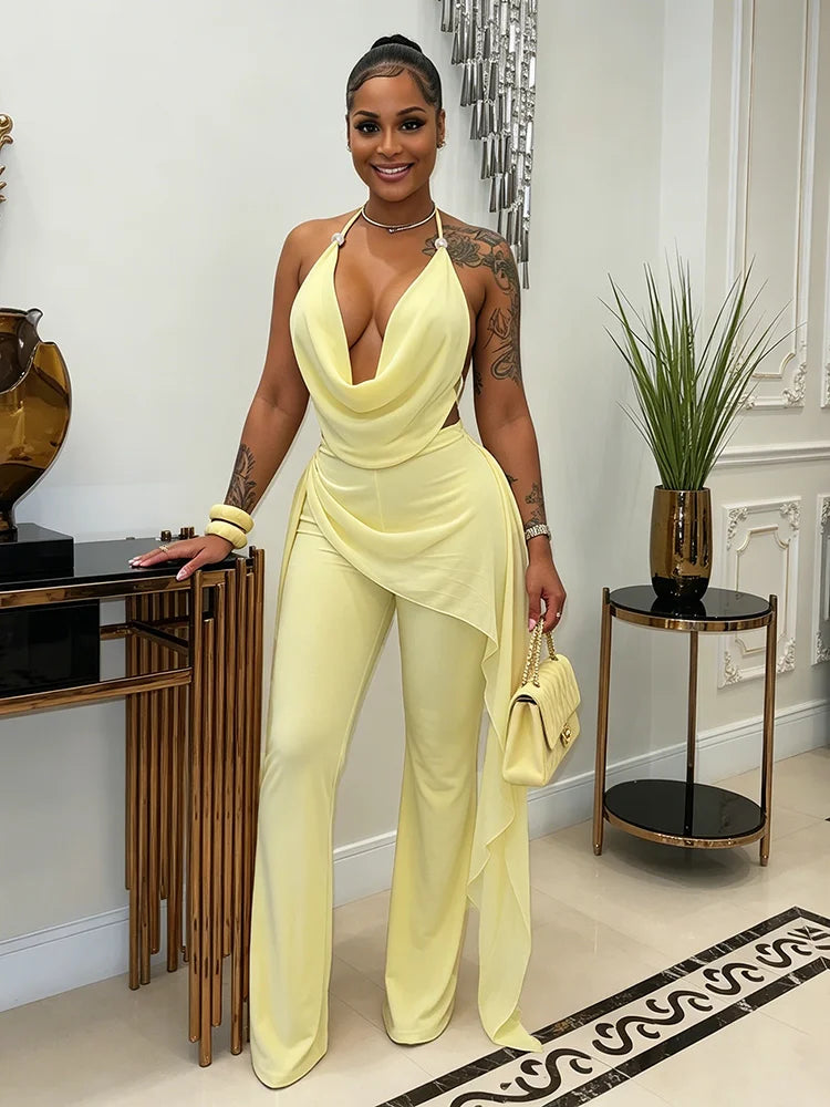 Backless Halter Jumpsuit Women Fashion Simple Bandages Ruched Mesh Ribbon Patchwork Sleeveless Chic Party Streetwear