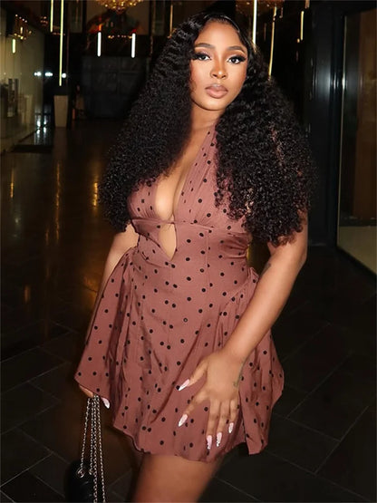 Polka Dot Print Mini Dress Women Halter Deep V-Neck Backless Sleeveless Midnight Party Ruched Elegant Skinny Clubwear