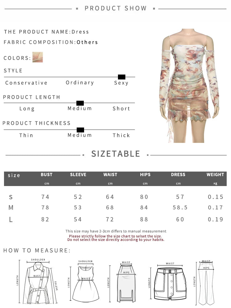 Slash Neck Dress Women See Through Full Sleeve Tie-Dye Print Coquette Autumn Trend Skinny Midnight Club Party Bodycon