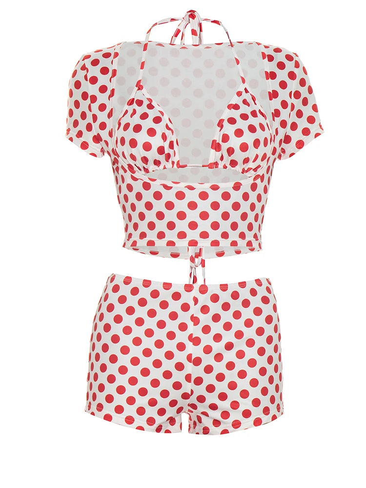 Sexy Fashion Print 3 Piece Sets Women Summer Trend Halter Bra Tops+Short Sleeve Crop Tops+Skinny Shorts Hipster Suits