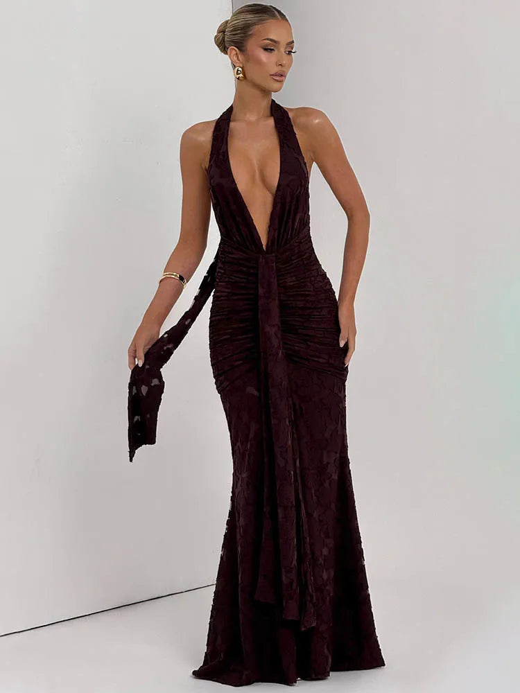Halter Deep V Neck Sexy Maxi Dress Women Gown Fashion Sleeveless Backless Draped Ruched Club Party Long Dress Female