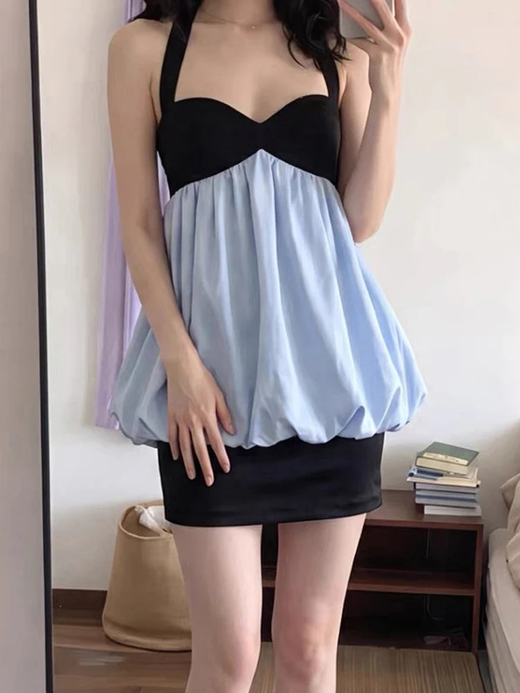 Patchwork Dress Women Halter Sleeveless Backless Folds Sweet Style Summer New Trend Street Commute Daily Mini Bodycon