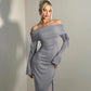 Grey Knit Bodycon Dress Winter Fashion Drawstring Ruched Irregular Off The Shoulder Long Dresses for Women