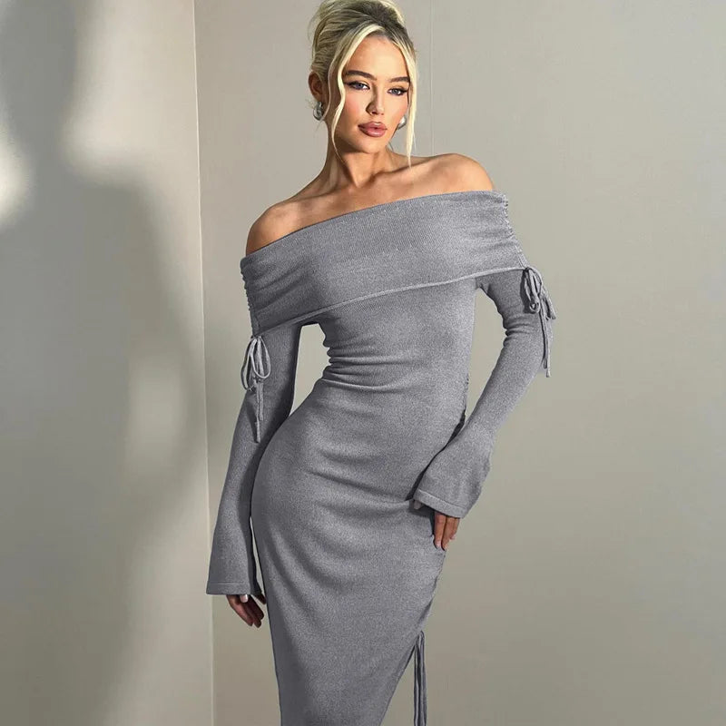Grey Knit Bodycon Dress Winter Fashion Drawstring Ruched Irregular Off The Shoulder Long Dresses for Women
