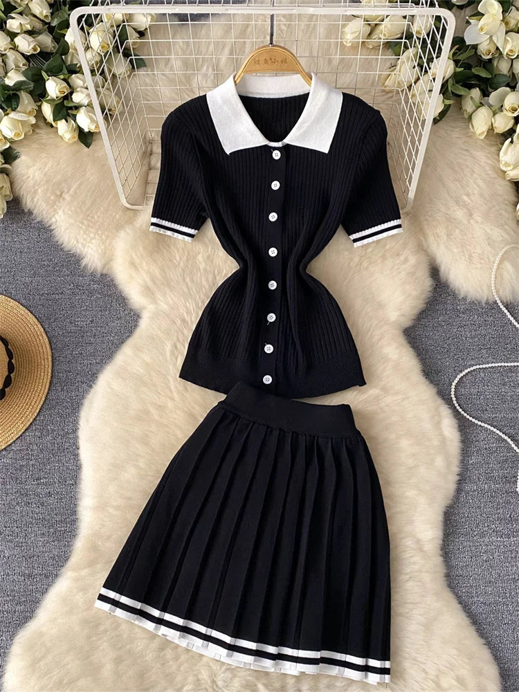 Contrast Patchwork 2 Piece Set Women Polo-Neck Single-Breasted Tops+Ruched Ruffles Skirts Young Style Street Outfits