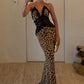 Lace Patchwork Dress Women Leopard Print Backless Halter Bandages Sleeveless Sexy Hottie Party Street Maxi Bodycon