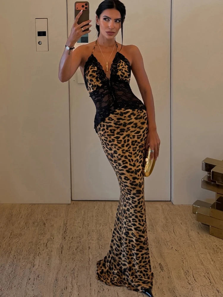 Lace Patchwork Dress Women Leopard Print Backless Halter Bandages Sleeveless Sexy Hottie Party Street Maxi Bodycon
