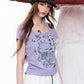 Women's Cartoon Print Purple T-Shirt, Square Neck Ruched Short Sleeve Tee, Ribbed Knit Curved Hem Cute Summer Top