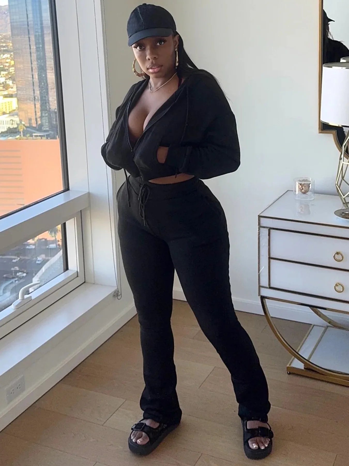 Casual Simple Women 2 Piece Set Pocket Hooded Zip Crop Jacket+Pants Sporty Matching Streetwear Skinny Basic Outfits