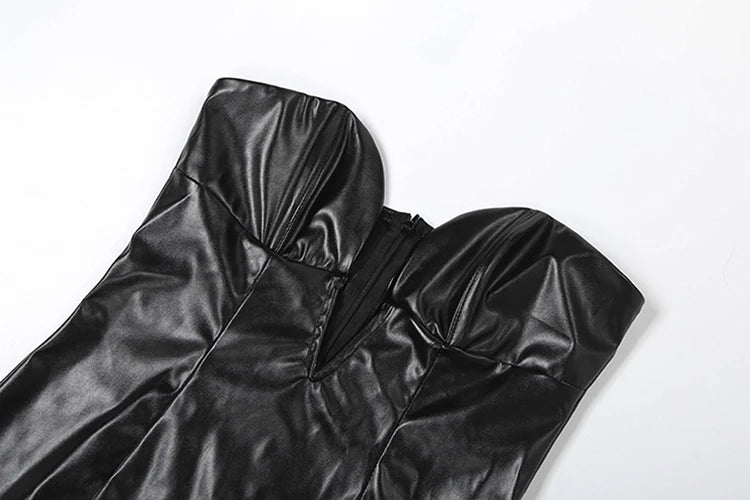 Faux Leather Dress Women Sexy v-Neck Sleeveless Zipper Midnight Fit Fashion Simple Classic Prom Party Coquett Vestidos