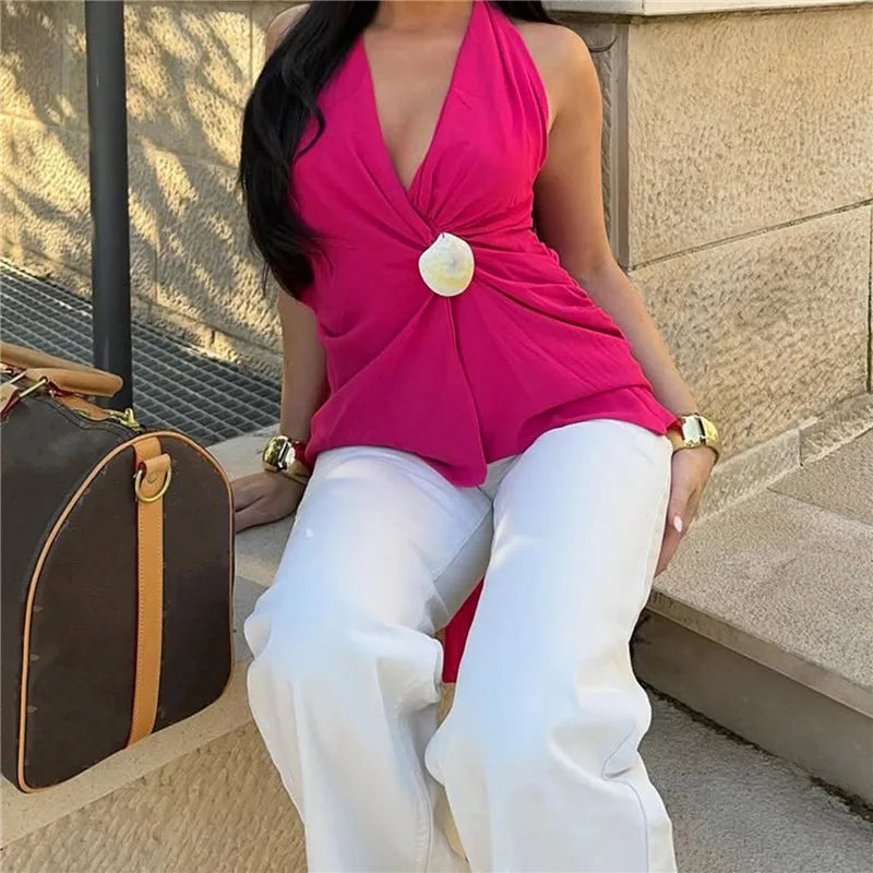 Women Summer Sleeveless Mini Dress Casual Shell V-Neck Wrap Halter Neck Party Dress for Beach Club Streetwear