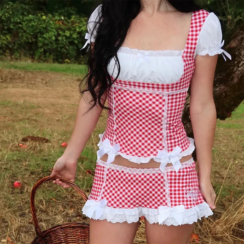 Women Kawaill Lolita Style 2 Piece Outfits Y2K Sweet Gingham Puff Short Sleeves Crop Tops Shirt + Lace Trim Mini Dress