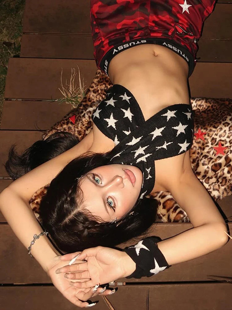 Five Star Print Tank Tops Women Y2K Basic Cross Halter Bandage Backless Sleeveless Streetwear Sexy Club Midnight Vest