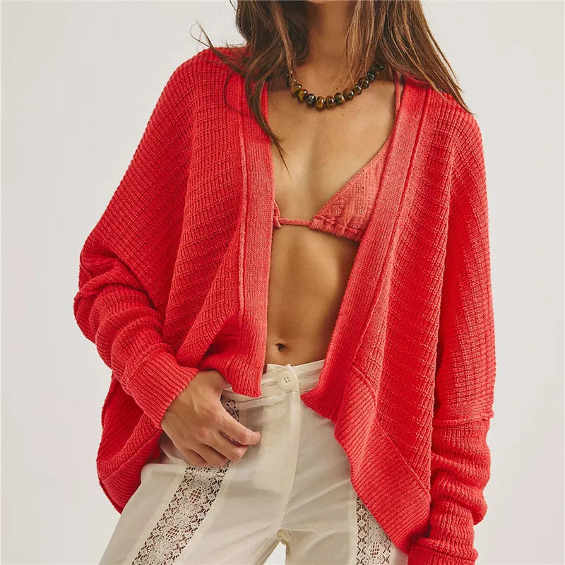 Women Open Front Waffle Knit Cardigan Batwing Long Sleeve Loose Irregular Hem Hollow Knitted Outerwear Boho Casual Top